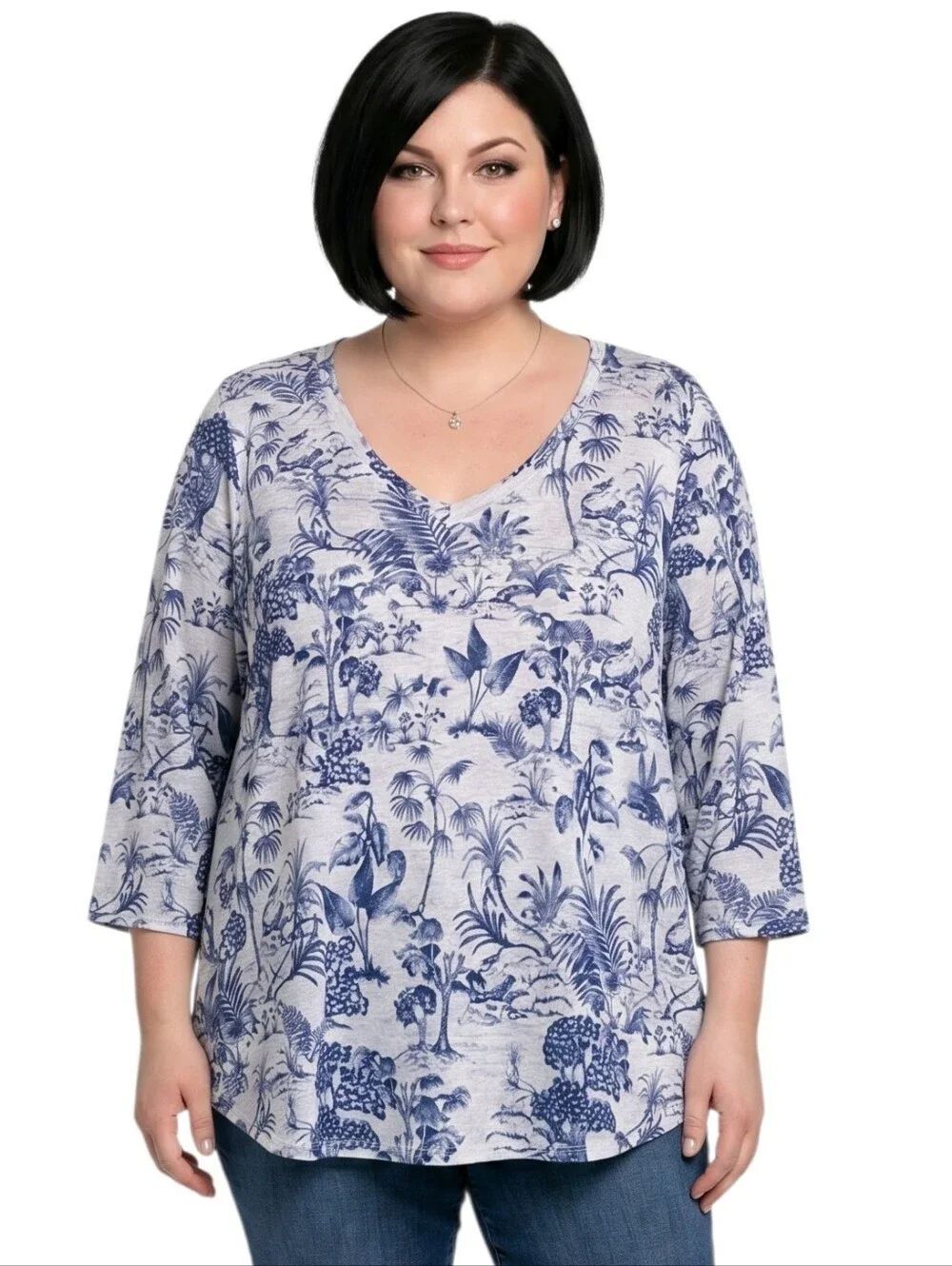 Nicole Miller NY Blue Tropical Toile Linen Tunic Blouse Size 3X